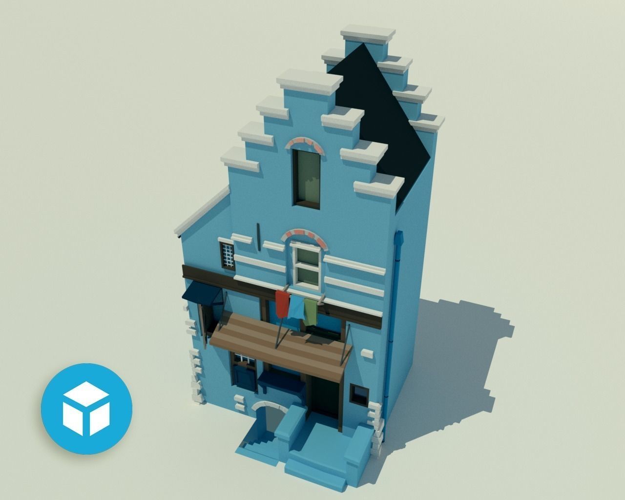 Blue tenement with shop window and basement Low-poly 3D model
