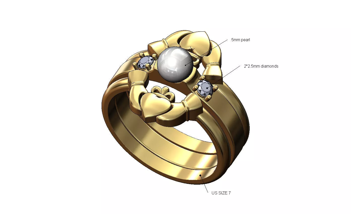 Triple Claddagh guards diamond pearl mounting ring 3D print model