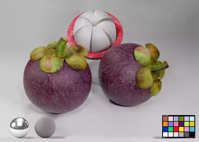 Realistic Mangosteen Whole and Cut 3D Model PBR Asset Low-poly 3D model