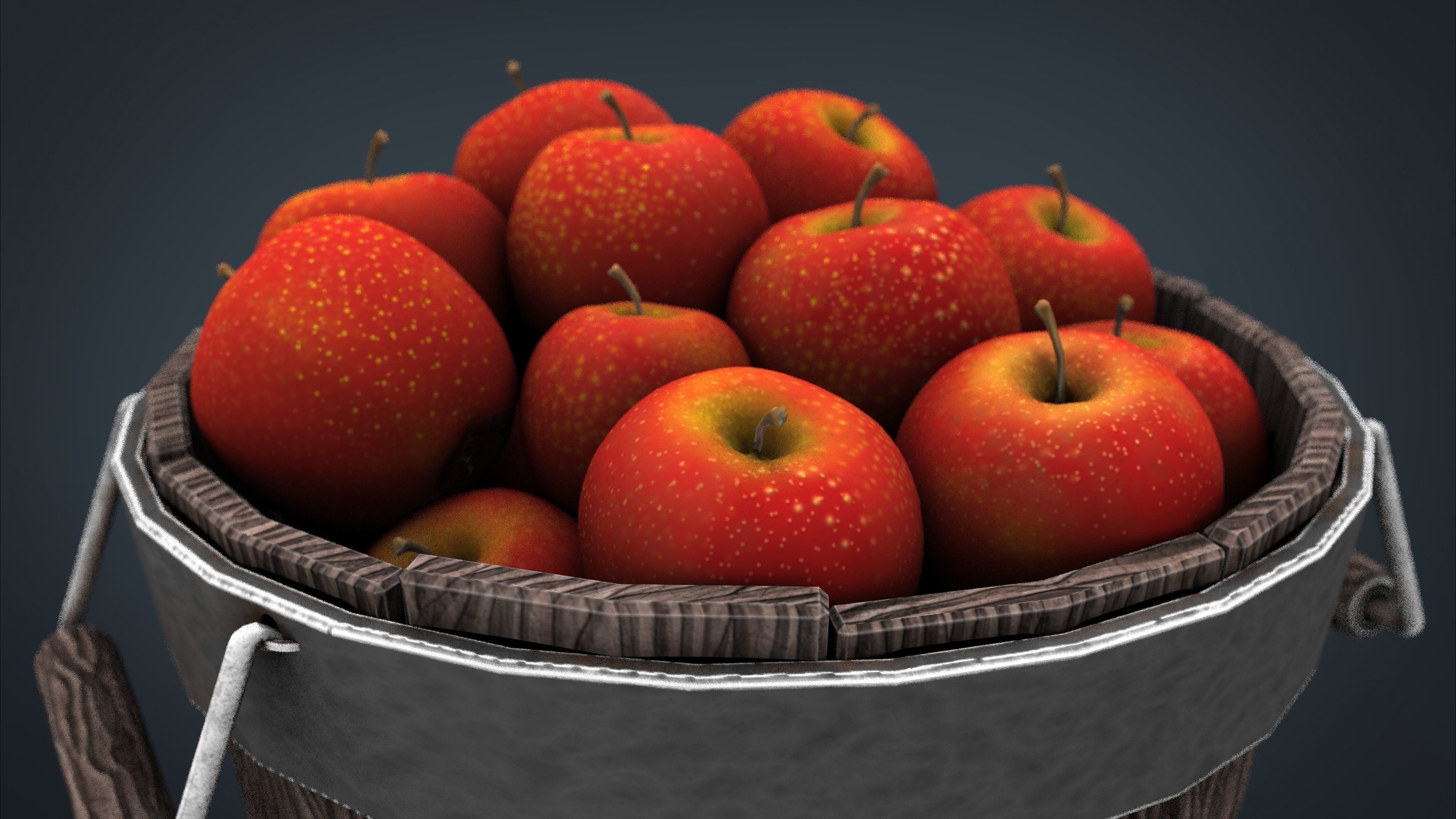 Wooden Bucket with Apples 3D model_2