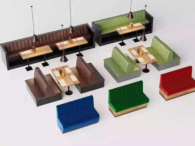 Modern Restaurant Multi  Color Booth Seating Combination Low-poly 3D model 2