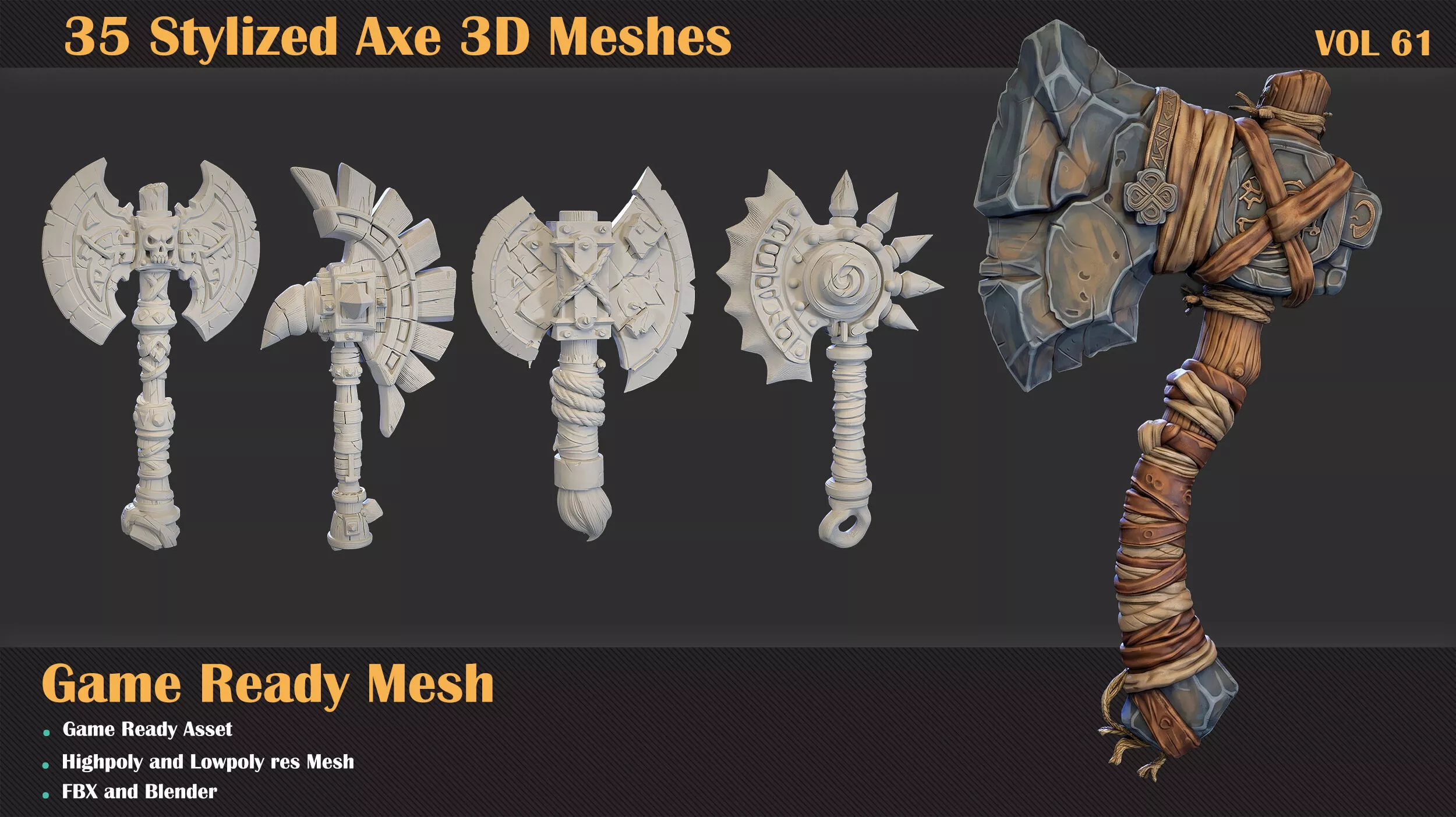 Stylized Axe - Game Ready 3D Model - VOL 61 Low-poly 3D model