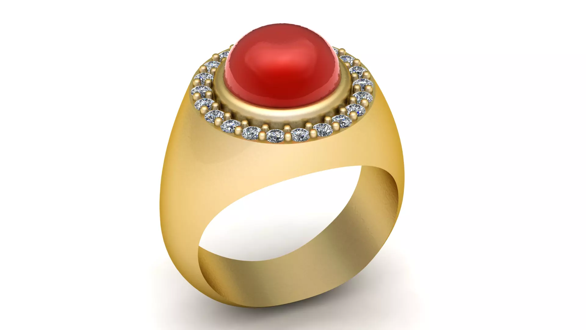18K Gold Red Coral Cabochon Signet Ring with Diamond Halo 3D print model