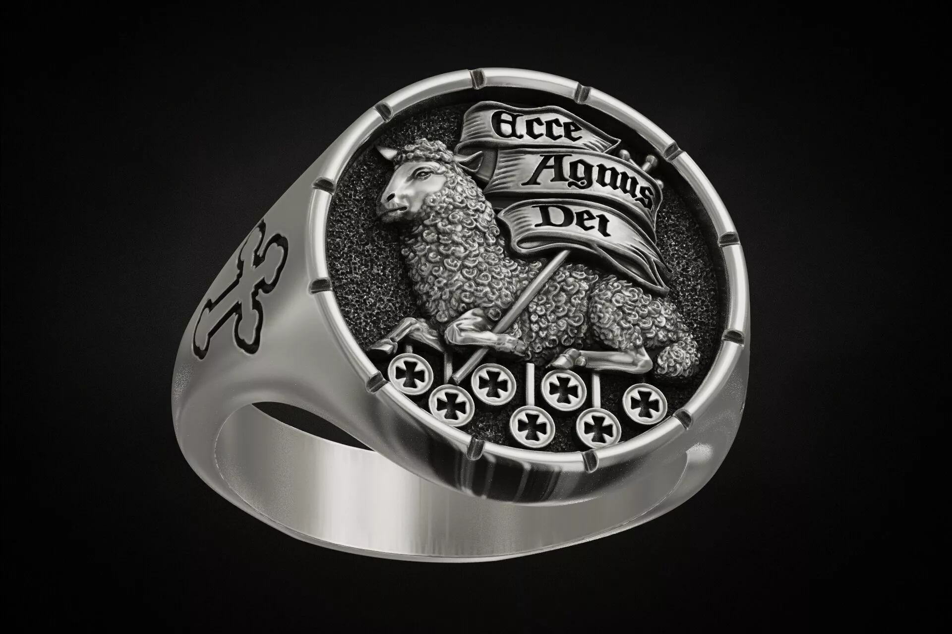 Agnus Dei Signet Ring with Cross Shank Engraving 3D print model