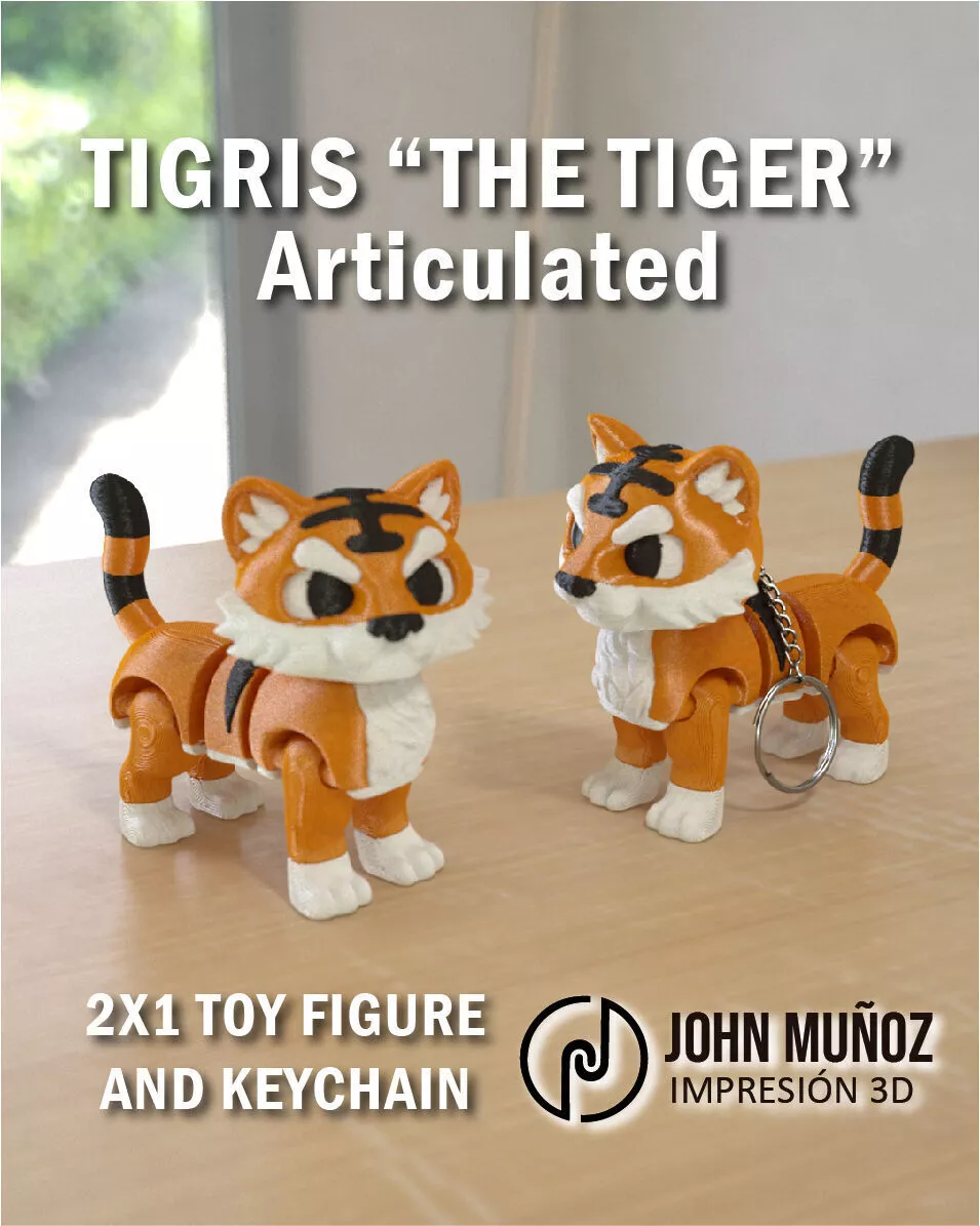 tiger Figure Toy and Keychain Articulated free support 3D print model