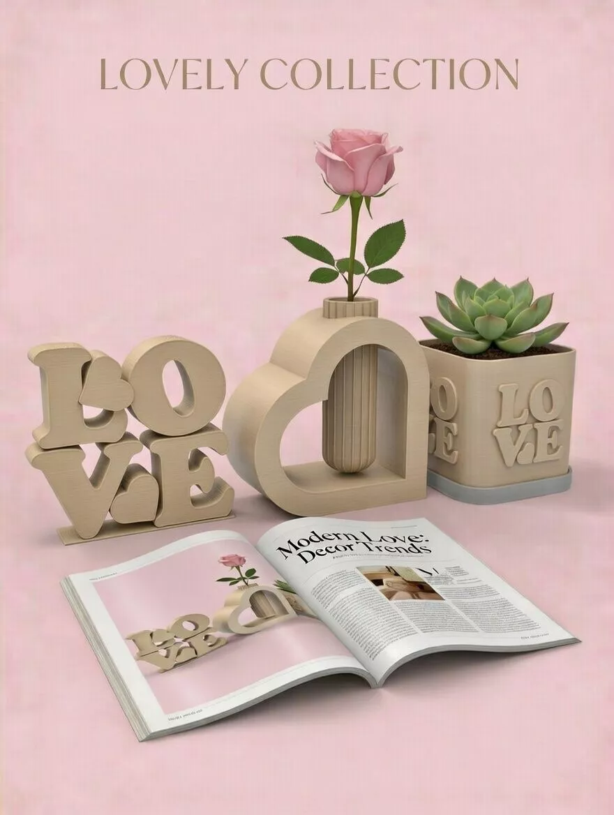 Heart Decor Set STL Vase Planter Love Sign 3D Print 3D print model
