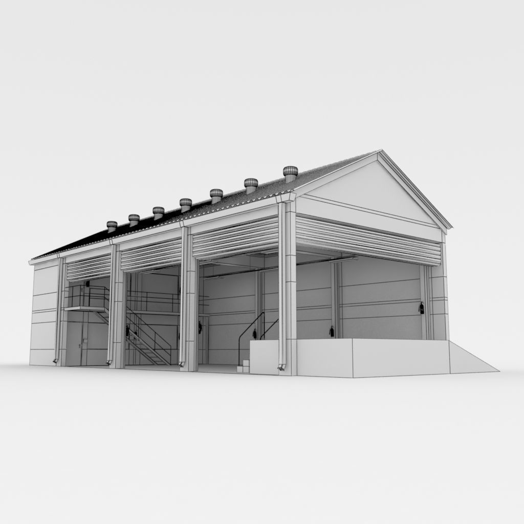 Factory loading bay with offices - Untextured 3D model_1