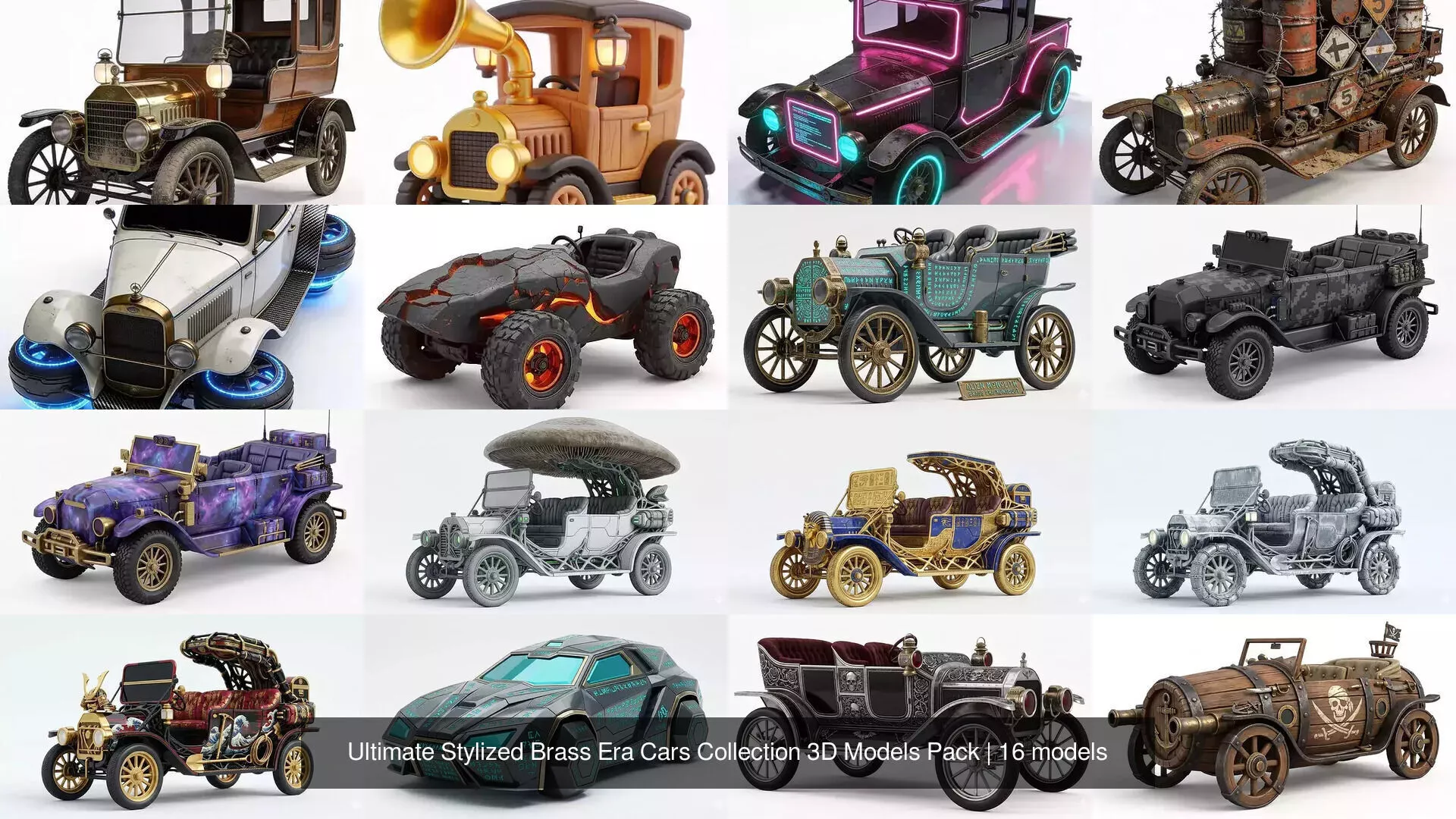 Ultimate Stylized Brass Era Cars Collection 3D Models Pack