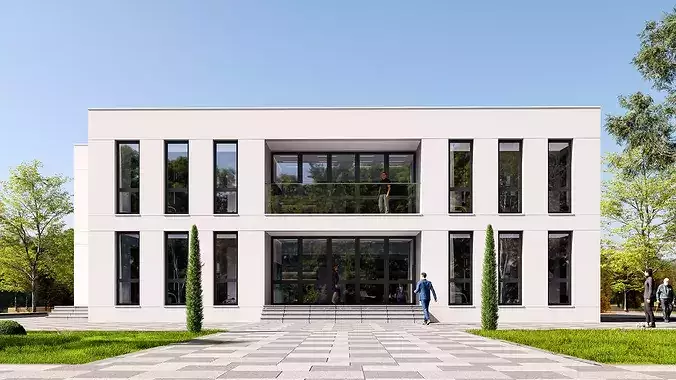 Modern 2-Story Administrative Office Building Exterior 3D Model Low-poly 3D model 3