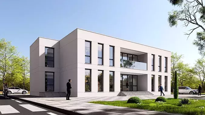Modern 2-Story Administrative Office Building Exterior 3D Model Low-poly 3D model
