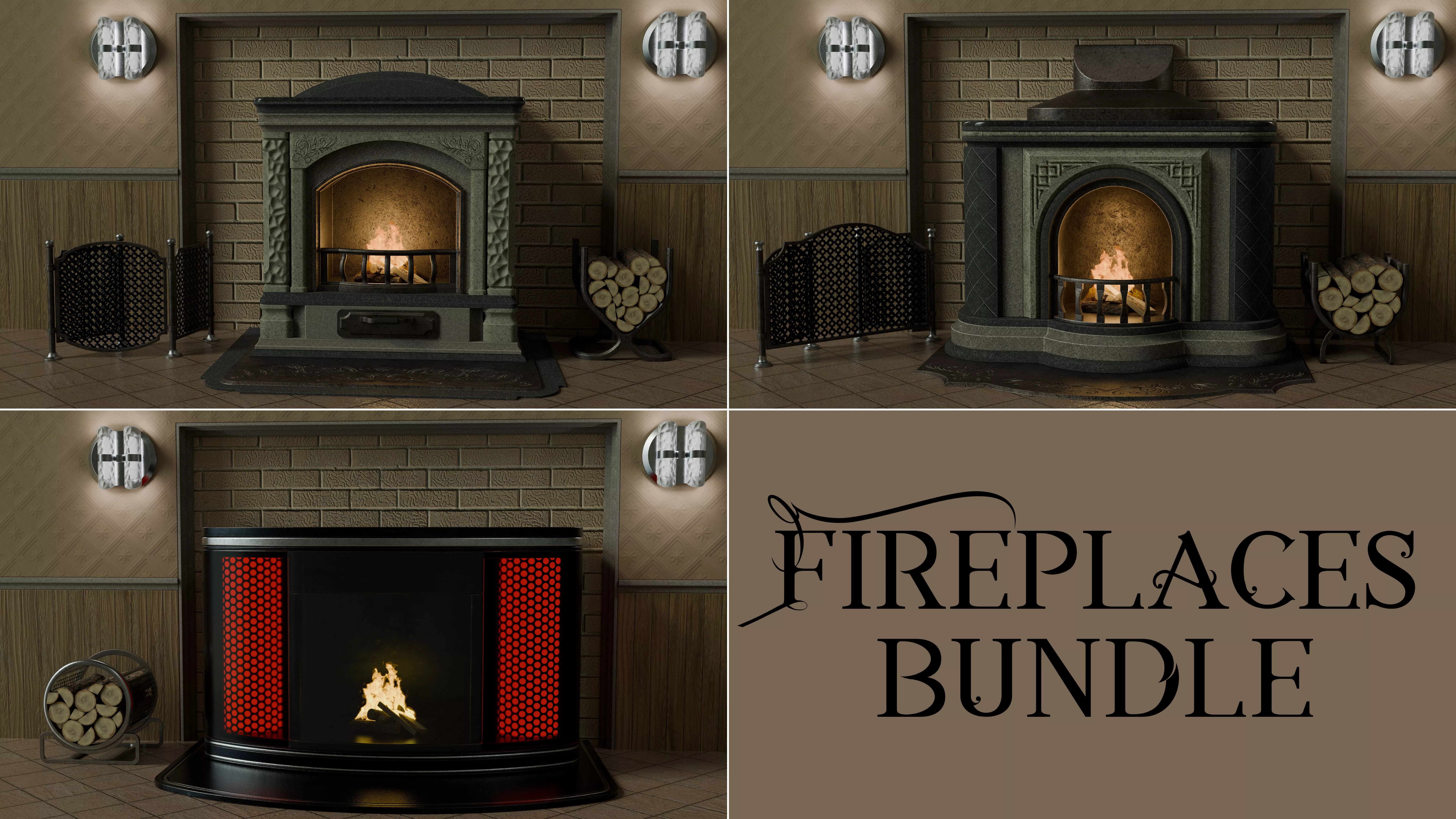 Fireplaces Bundle Low-poly 3D model