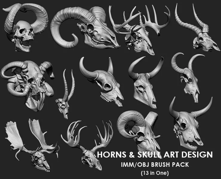 Horns and Skull Art Design IMM Obj Brush Pack 13 in One 3D model