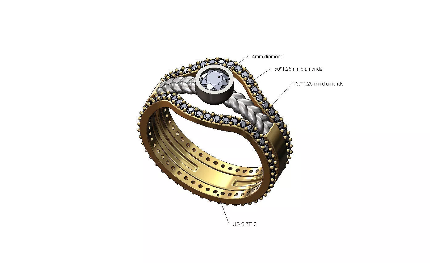 Triple curved eternity guard diamond braided setting ring 3D print model