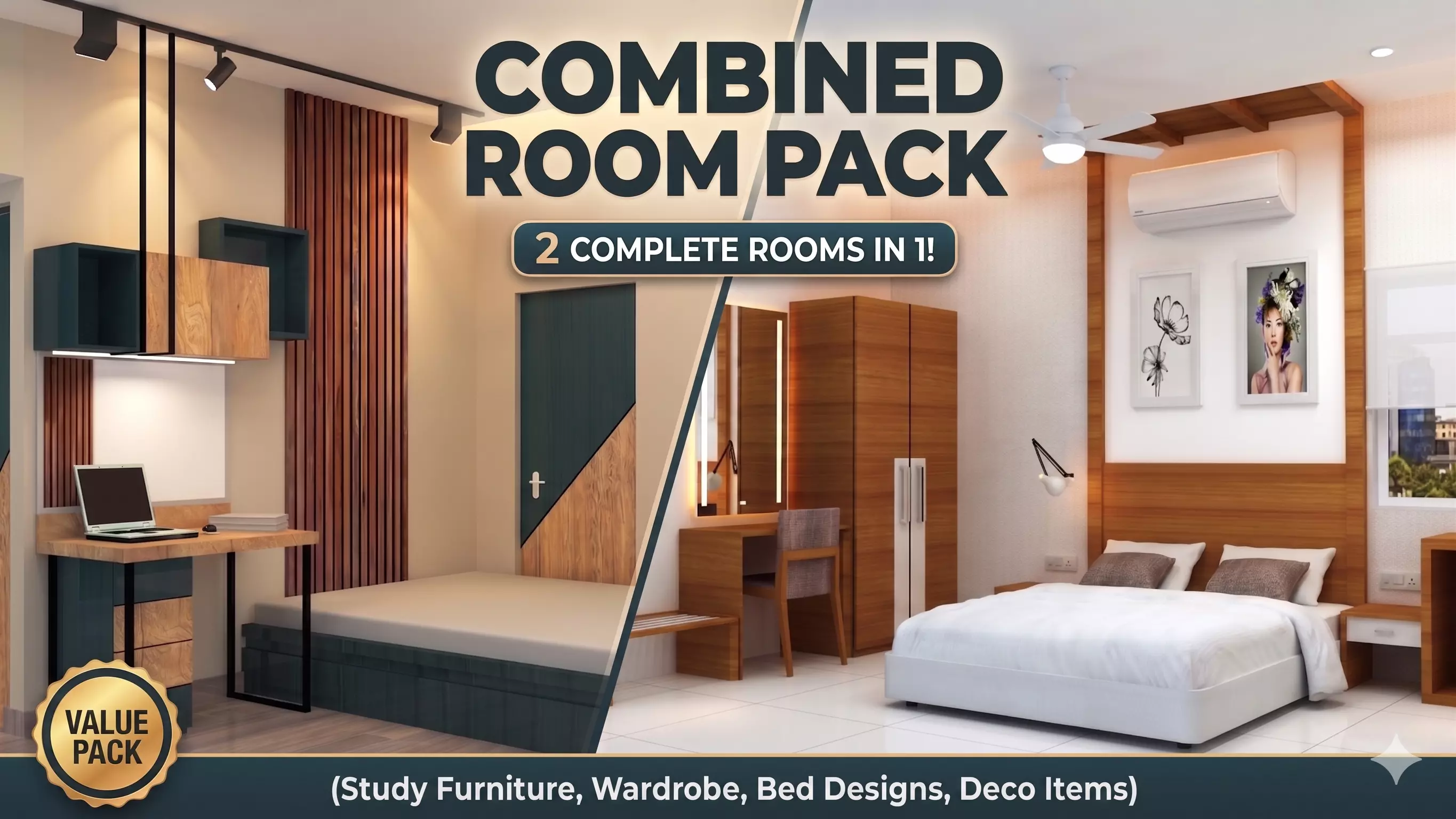2-in-1 Modern Bedroom Study Room Interior 3D Model Bundle 3D model