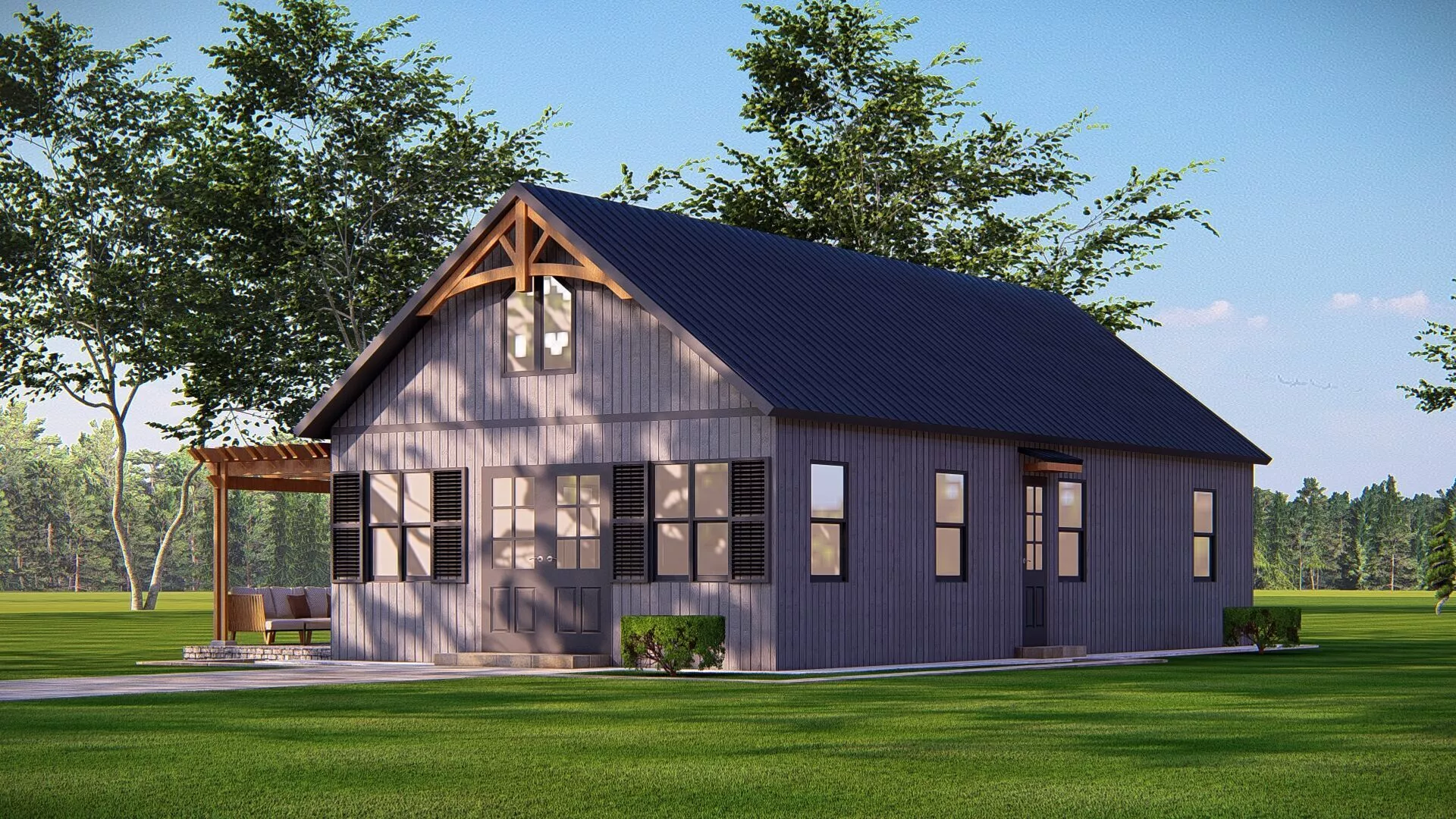 Modern Rustic Farmhouse Cottage with Wooden Pergola 3D model