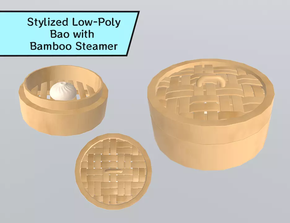 Stylized Low-Poly Bao with Bamboo Steamer Low-poly 3D model