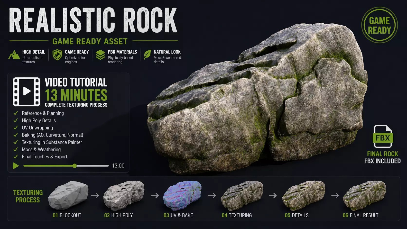 Realistic Rock Game Ready Asset and 13min Texturing Tutorial Low-poly 3D model