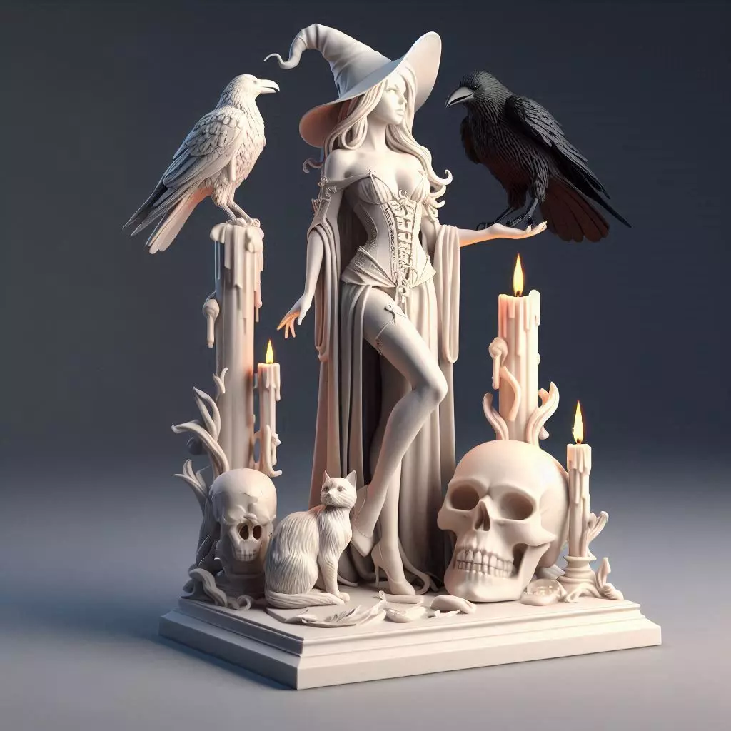 4038 White Witch with Candles Ravens Cat and Skull STL 3D print model