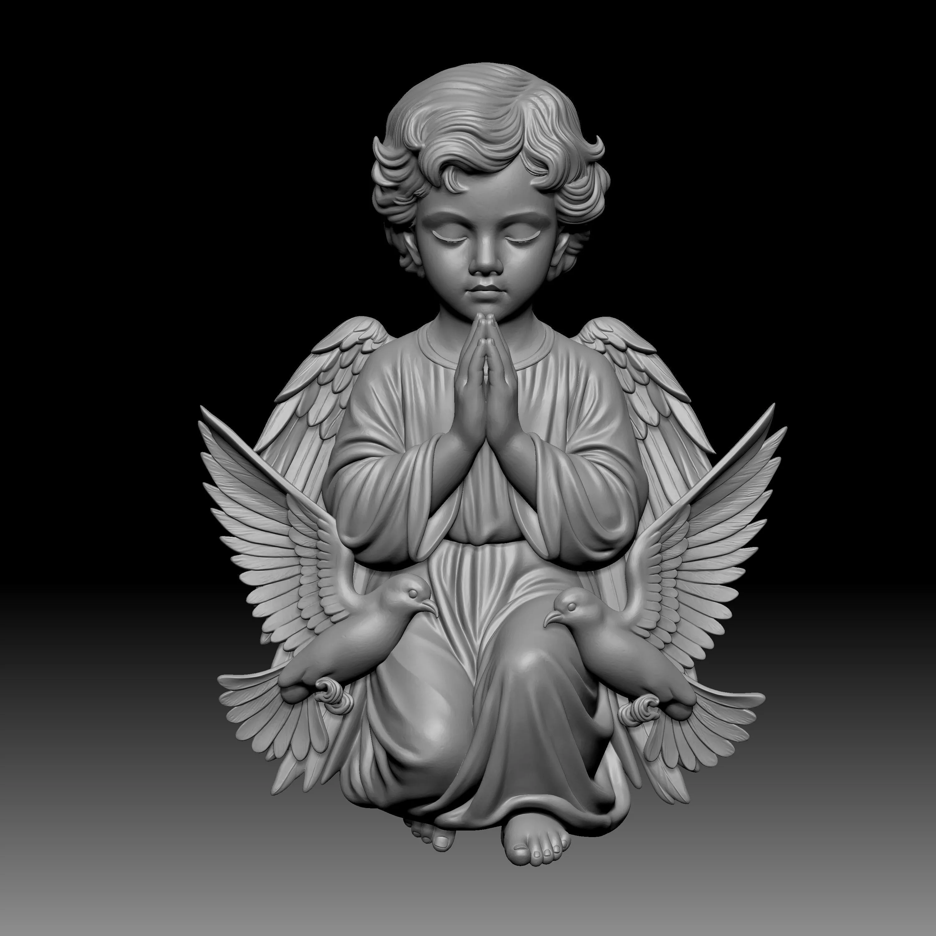 a kneeling angel statue with doves 3D print model