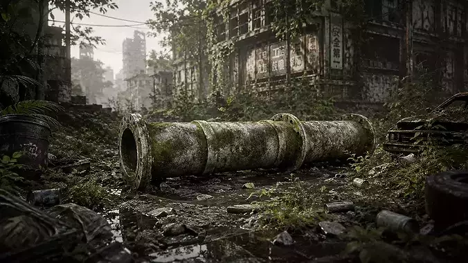Mossy Industrial Metal Pipe PBR Game Ready 3D Model