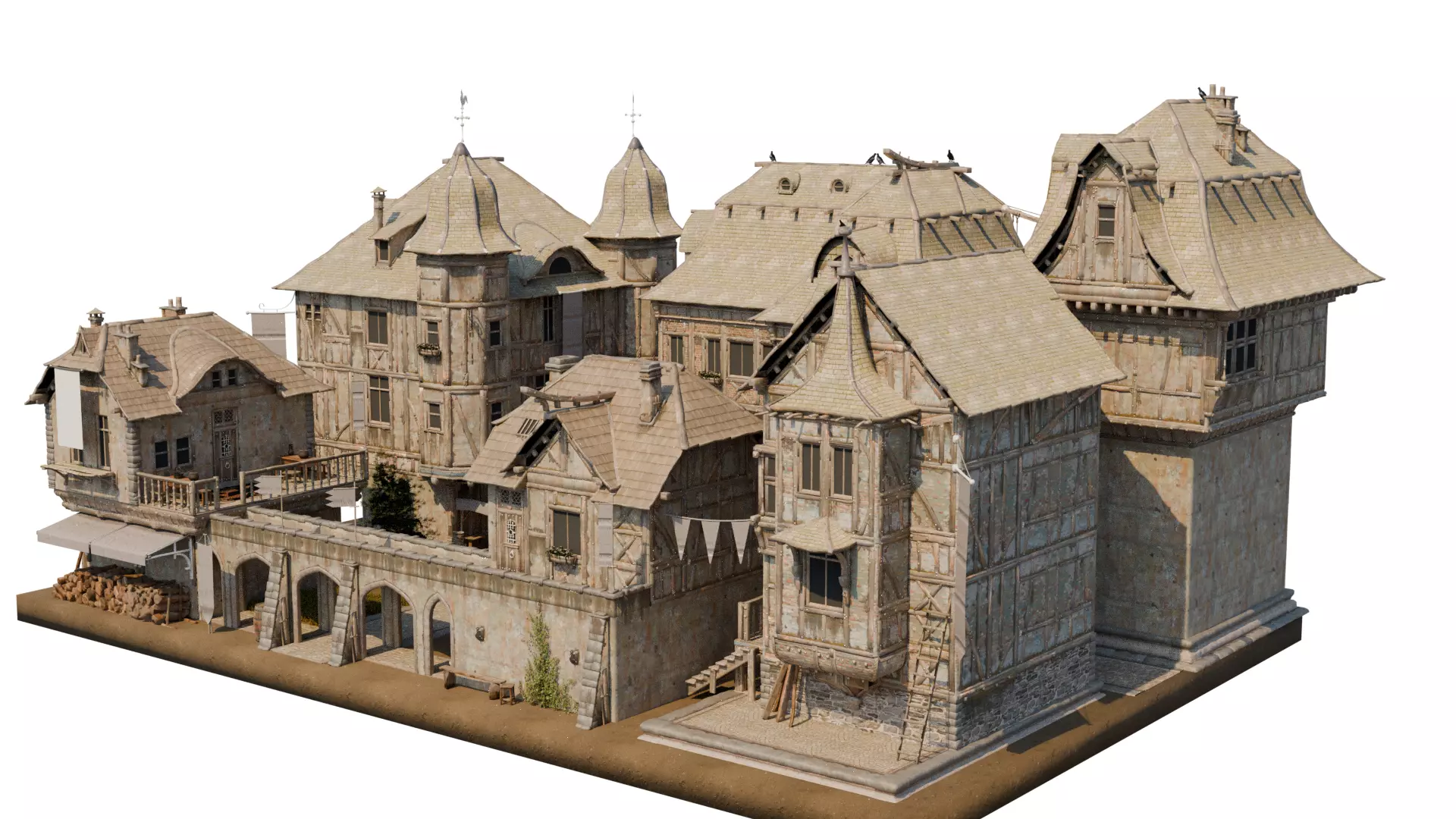 Medieval Town Square and Alley Scene Low-poly 3D model
