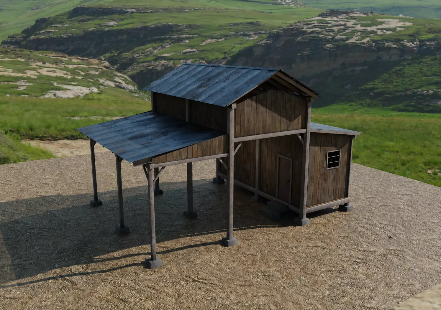 Wooden Barn House with Open Shed Free low-poly 3D model