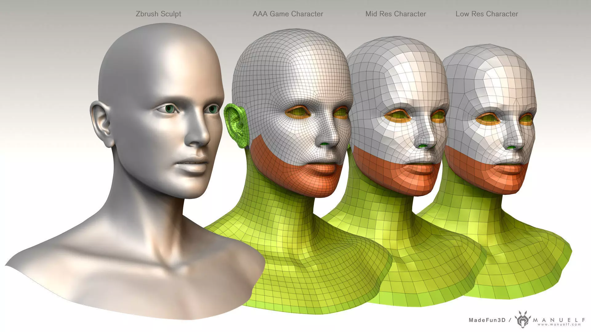 3D Character Bust BaseMesh Pack for games Low-poly 3D model_0