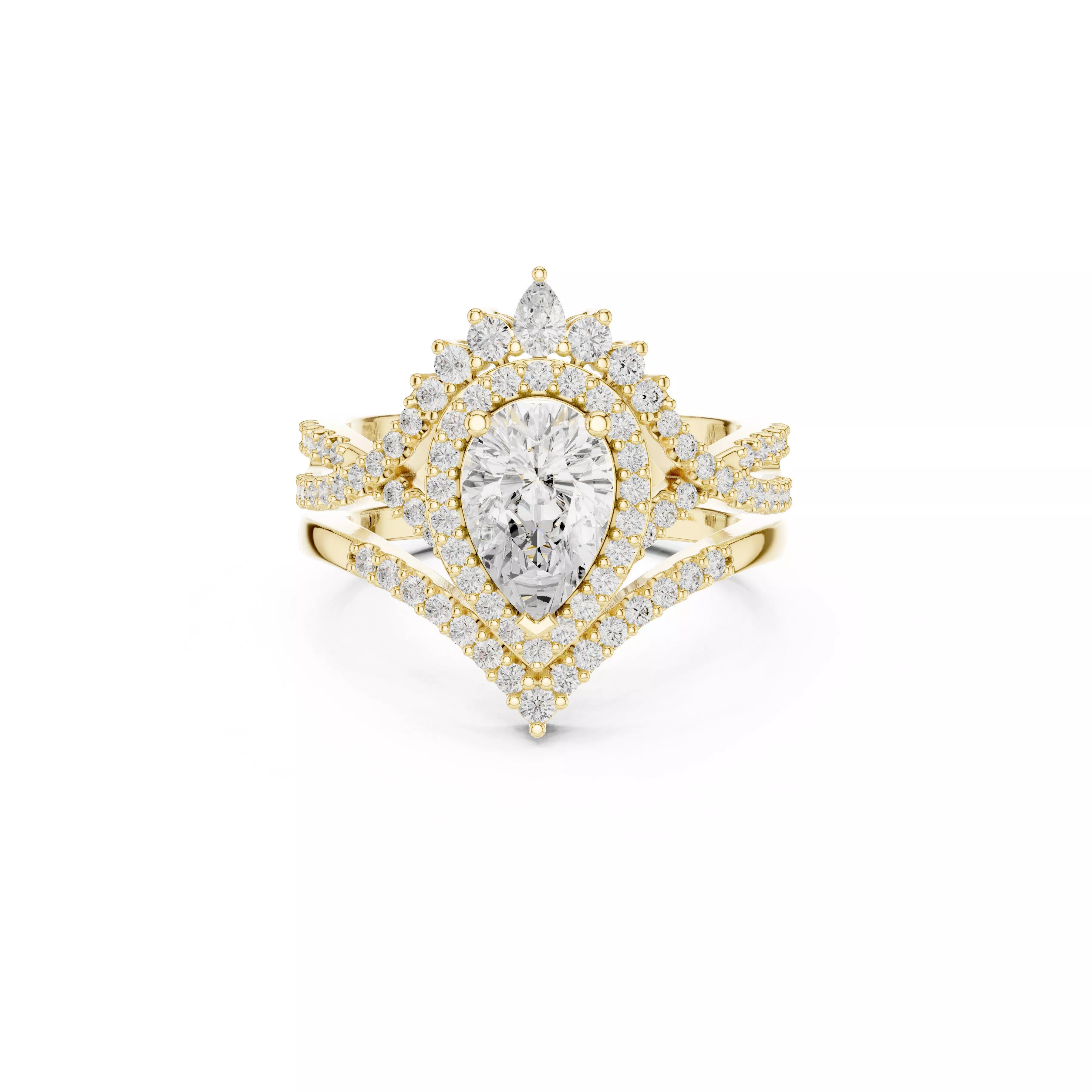 Pear Diamond Double Halo Crown Ring Split Pave STL 3DM CAD 3D print model