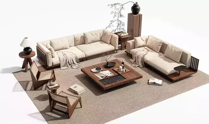 Wabi-Sabi Zen Living Room Interior Scene 3D model