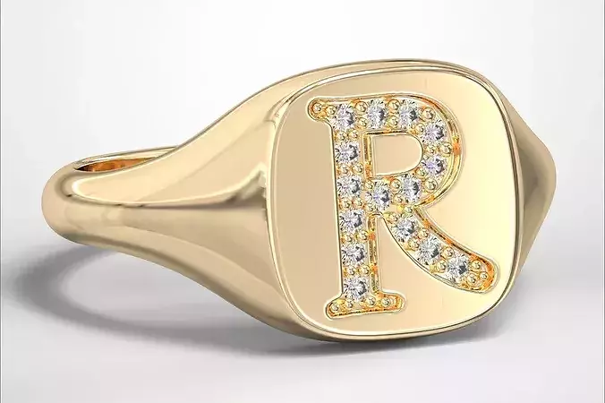 R Monogram Small Finger Ring Signet Cushion Shape Chevalier 