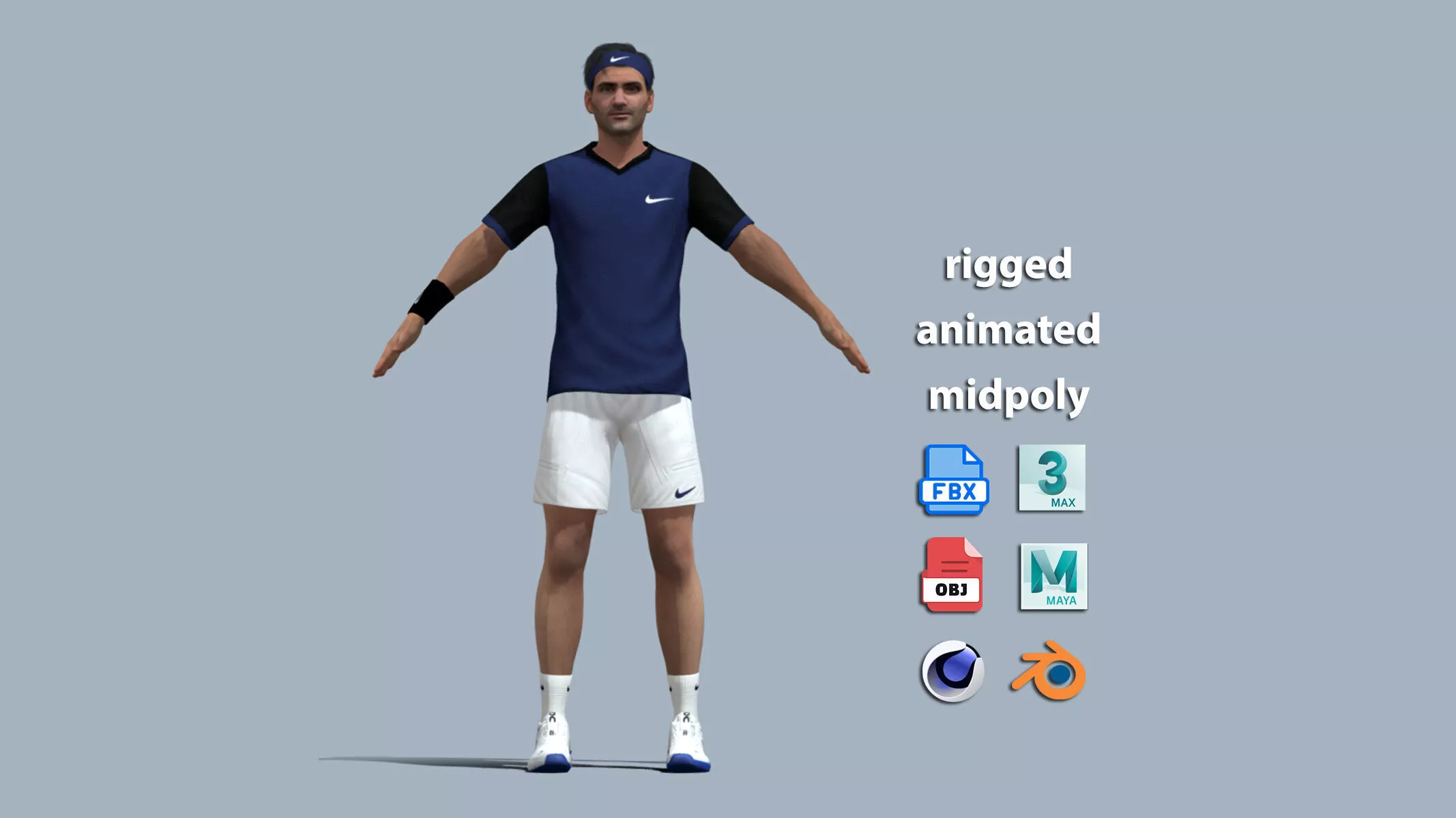 A-Pose Rigged Roger Federer 3D model