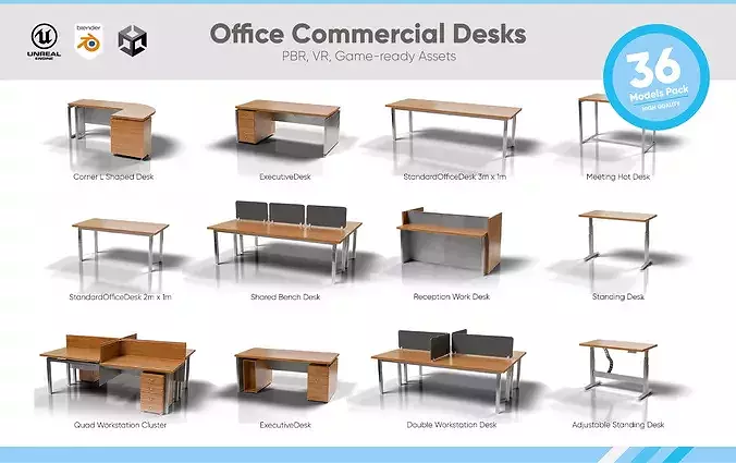Office Desk Collection - Game Ready PBR - 36 Desk Models Low-poly 3D model