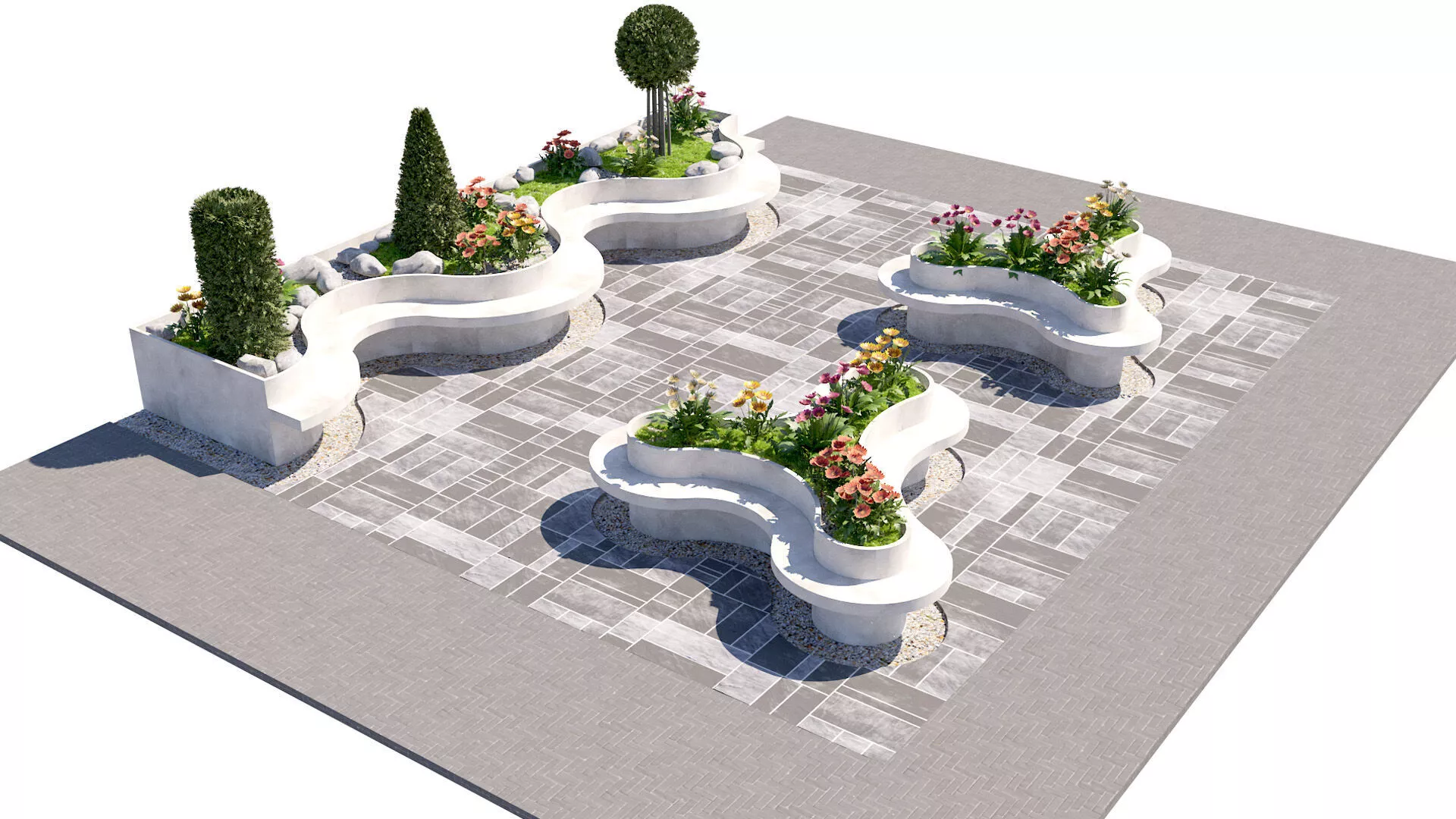 Contemporary Street Furniture with Integrated Planters Low-poly 3D model