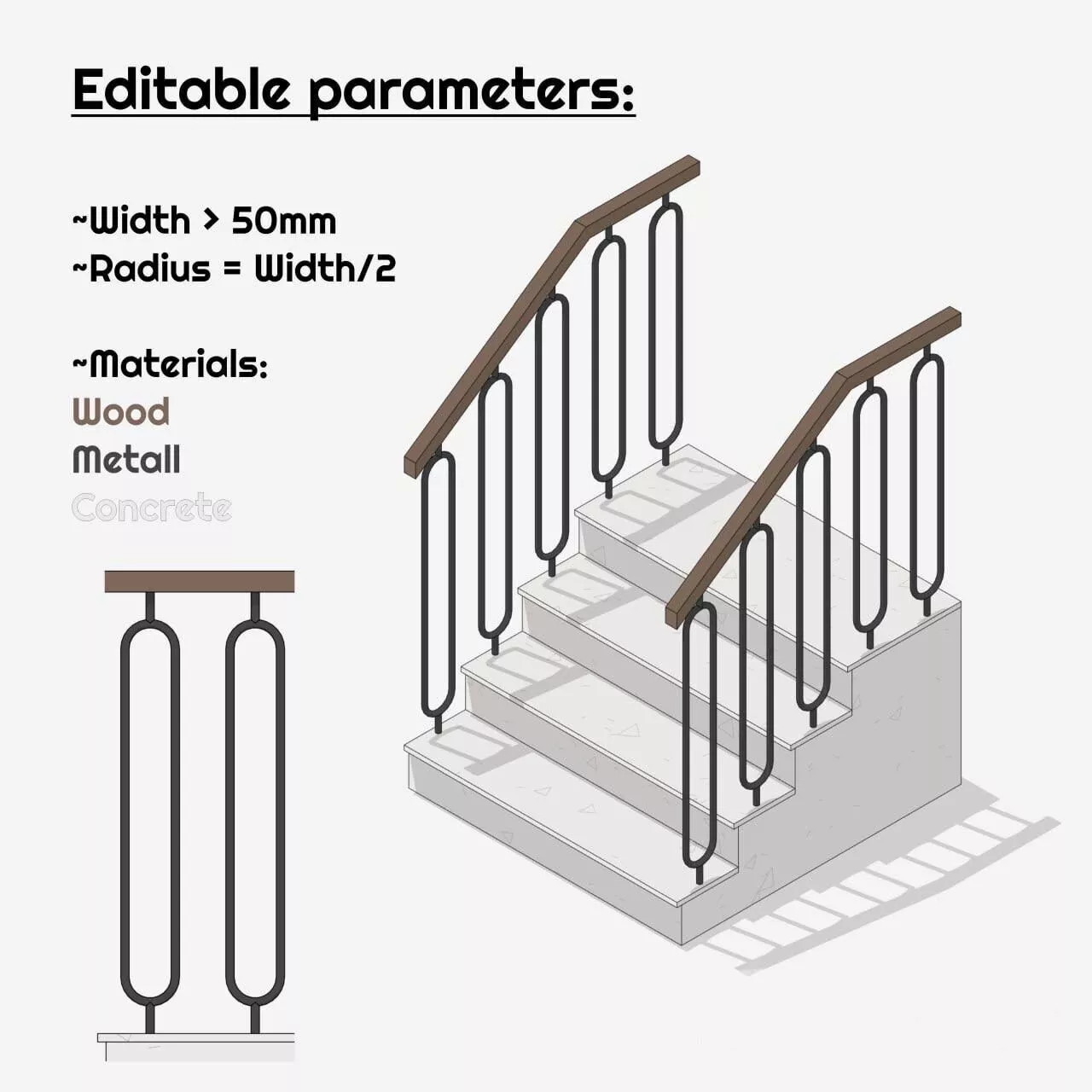 Parametric Modern Stair Railing Oval Balusters Materials 3D model