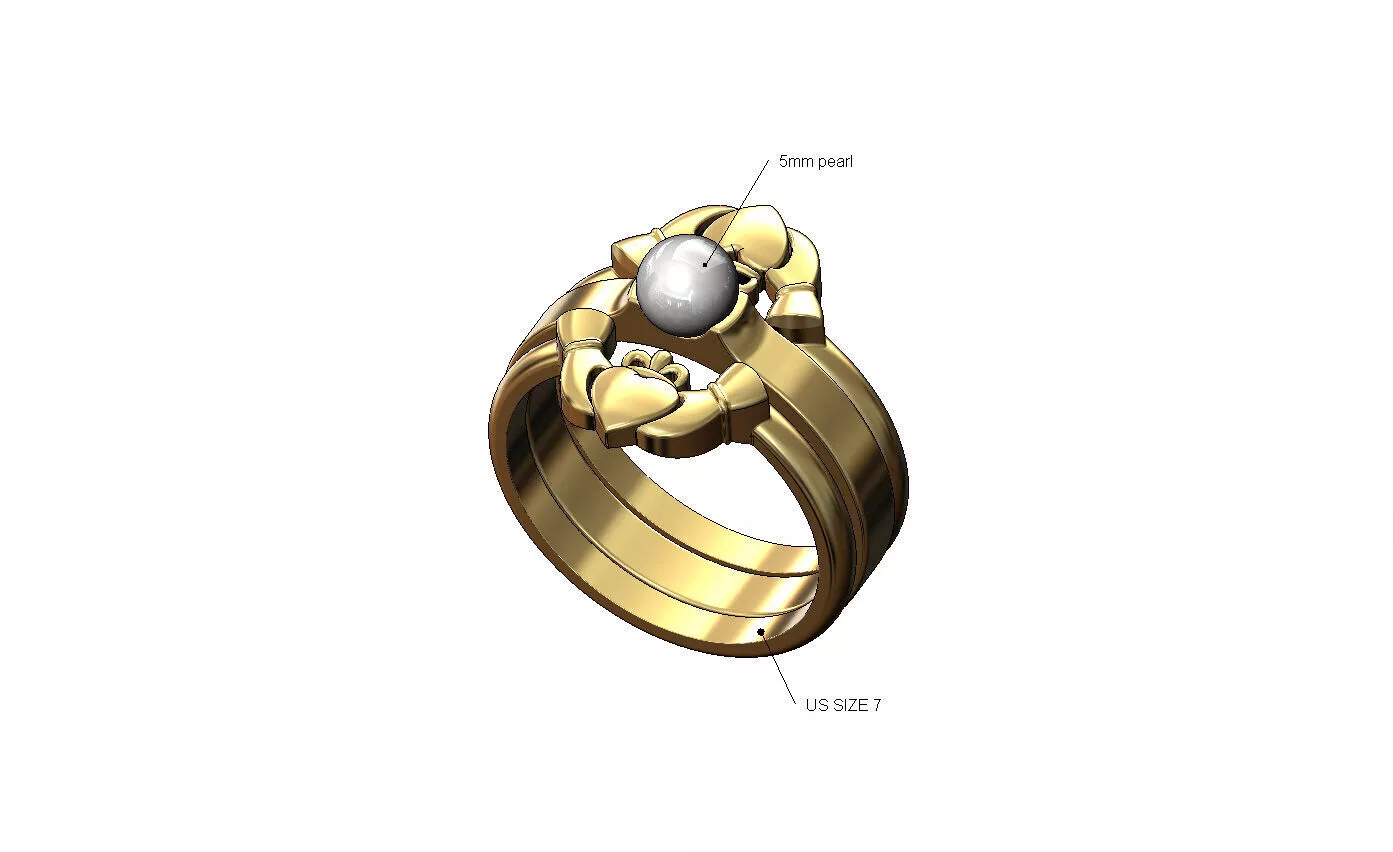 Triple Claddagh guards pearl mounting ring 3D print model