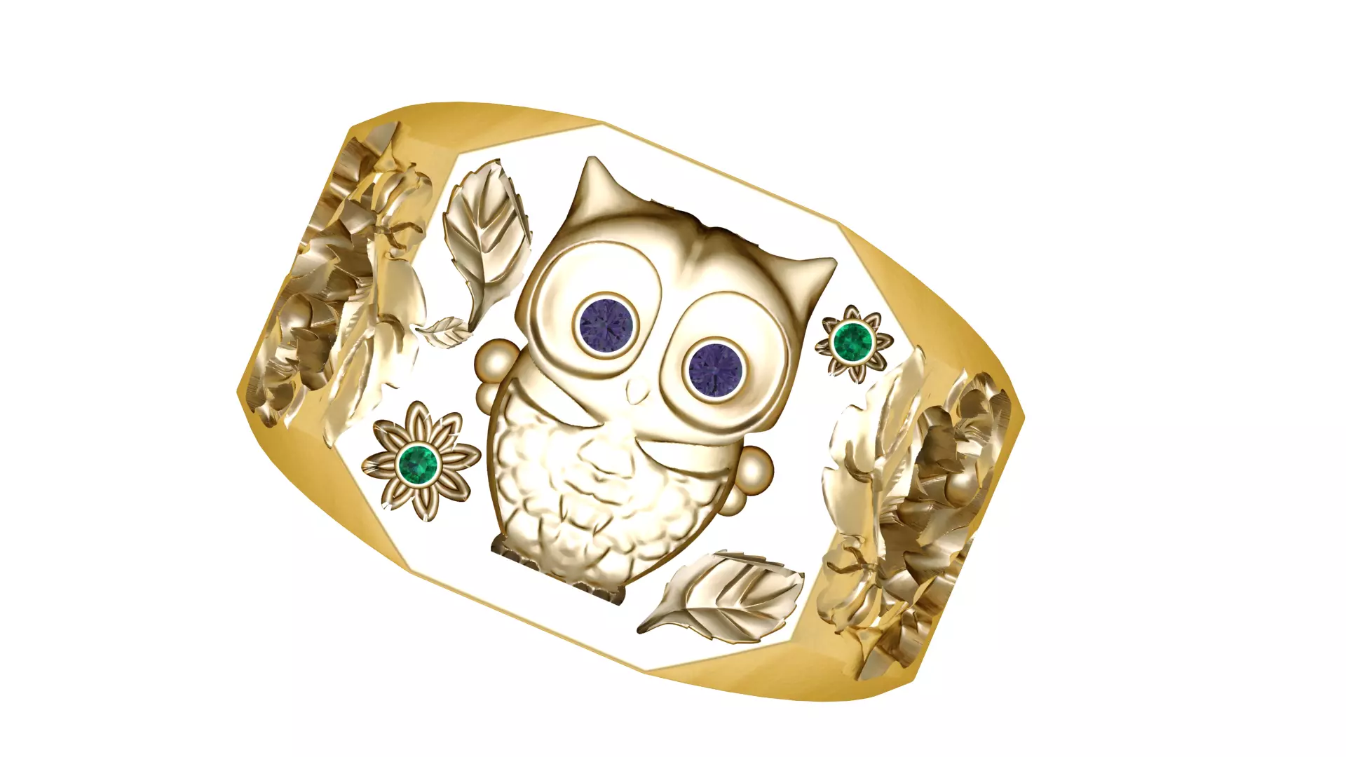 Ornate Owl Floral Signet Ring with Emerald Accents 3D print model