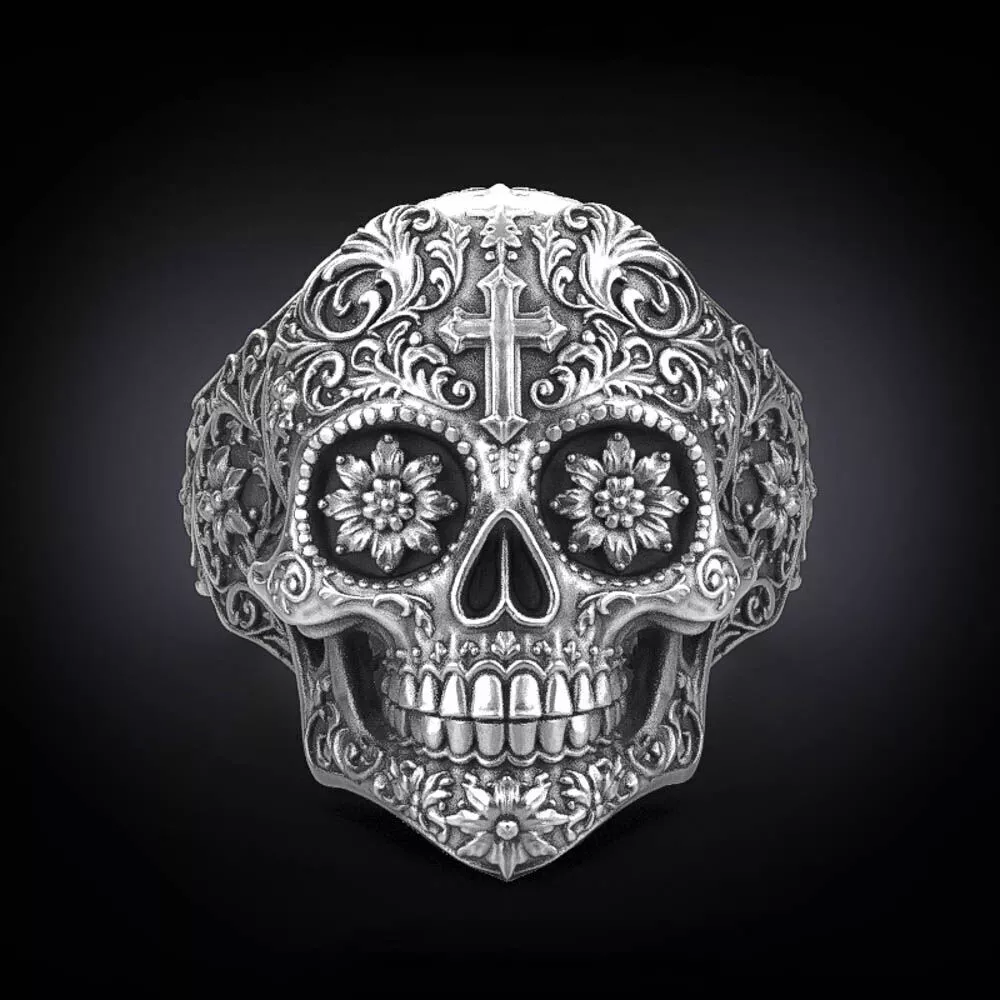 Sugar Skull Ring 3D Model Floral Gothic Day of the Dead Jewelry 3D print model
