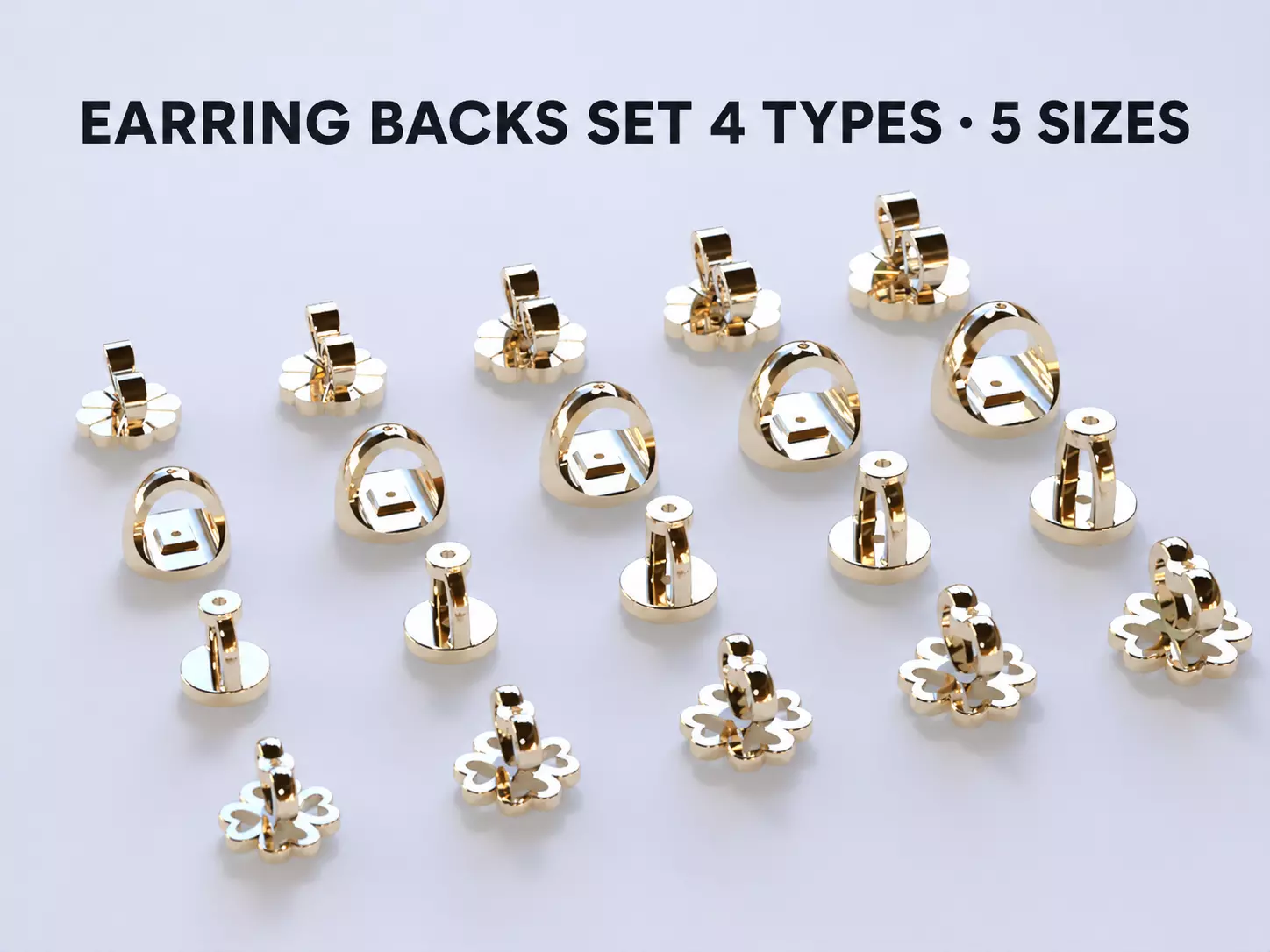 Earring Backs Set for Stud Earrings 4 Types 5 Sizes 3D print model