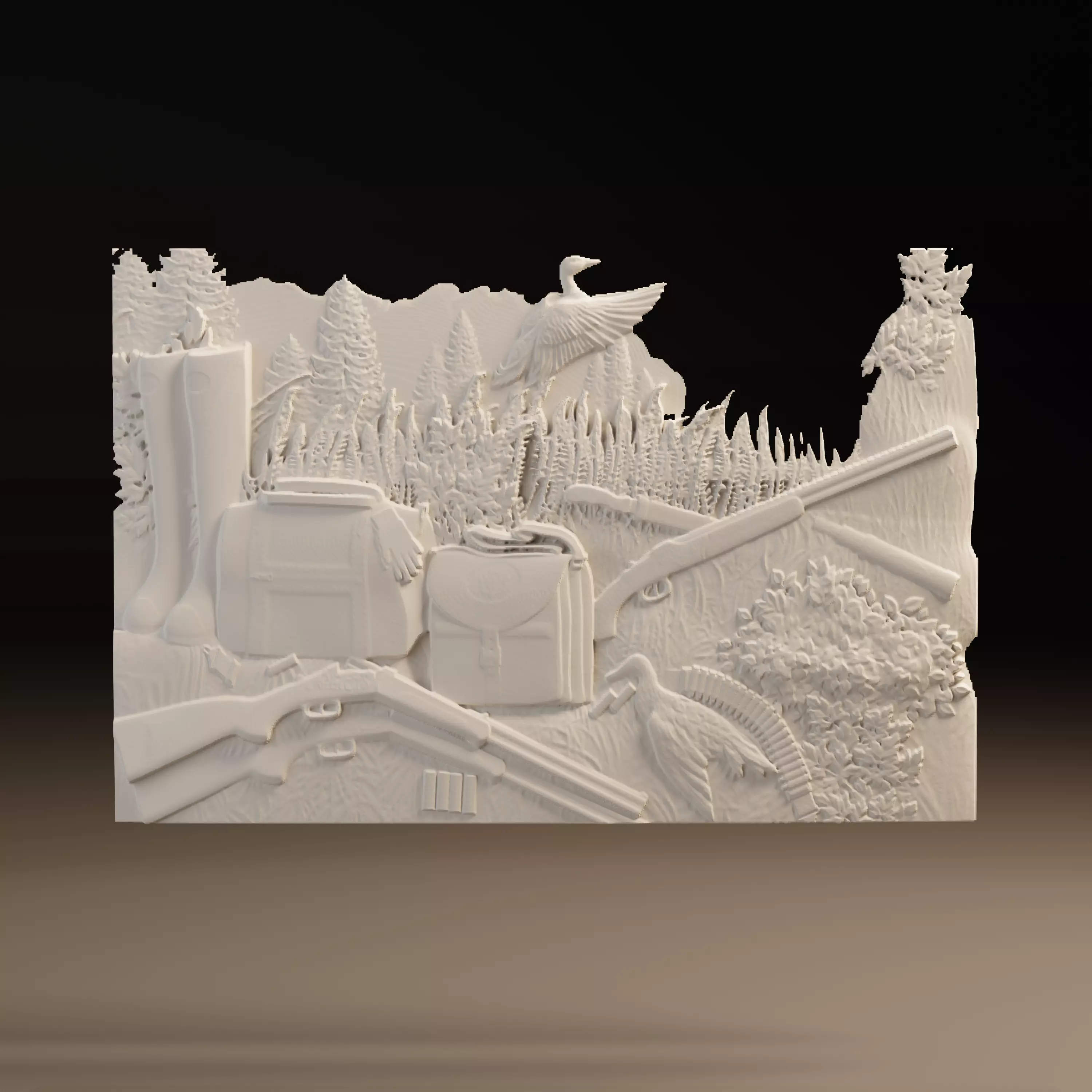 Hunting Scene Relief CNC STL Rifle Dog Game Birds Forest 3D print model