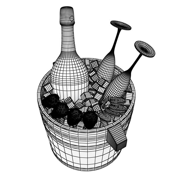 Champagne Set 2 - Bottle Flute Strawberry and Wooden Ice Bucket 3D model_8