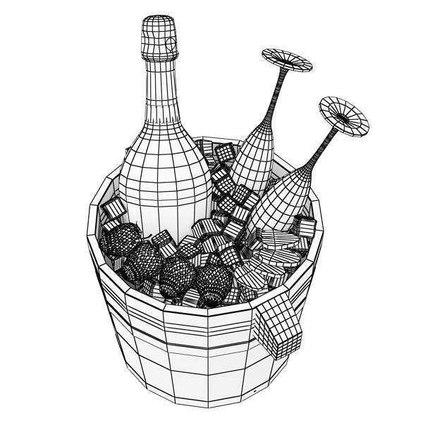 Champagne Set 2 - Bottle Flute Strawberry and Wooden Ice Bucket 3D model_9