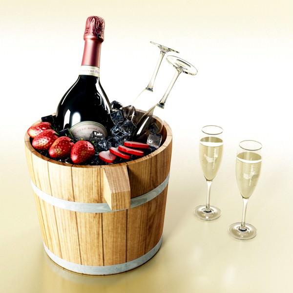 Champagne Set 2 - Bottle Flute Strawberry and Wooden Ice Bucket 3D model_1