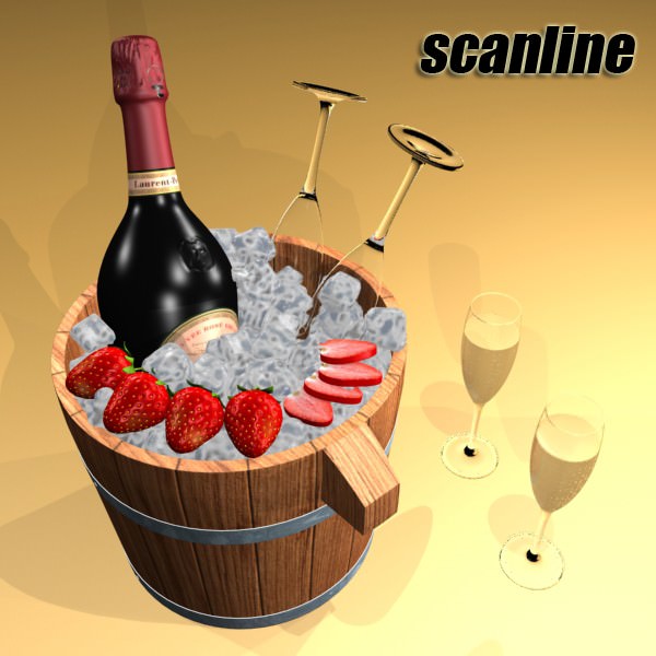 Champagne Set 2 - Bottle Flute Strawberry and Wooden Ice Bucket 3D model_7