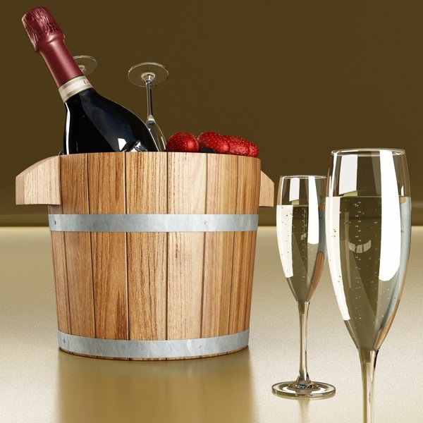 Champagne Set 2 - Bottle Flute Strawberry and Wooden Ice Bucket 3D model_3