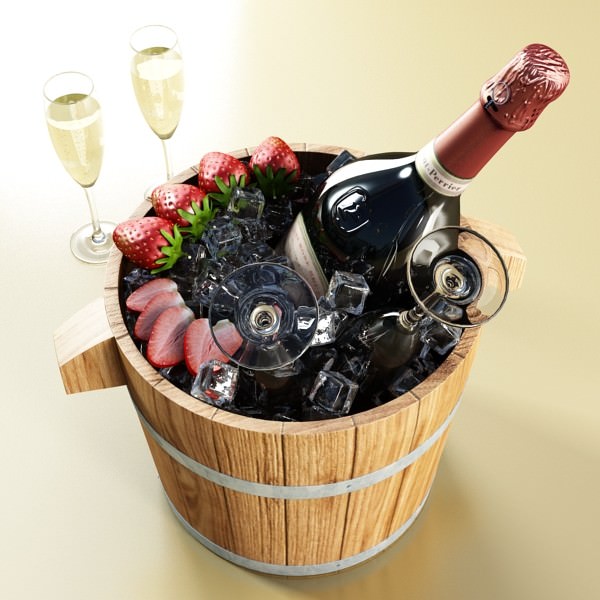 Champagne Set 2 - Bottle Flute Strawberry and Wooden Ice Bucket 3D model_2