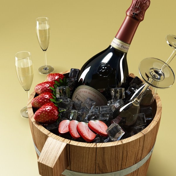 Champagne Set 2 - Bottle Flute Strawberry and Wooden Ice Bucket 3D model_4