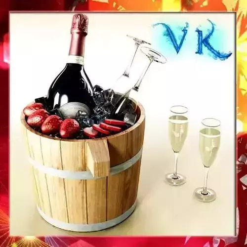 Champagne Set 2 - Bottle Flute Strawberry and Wooden Ice Bucket 3D model
