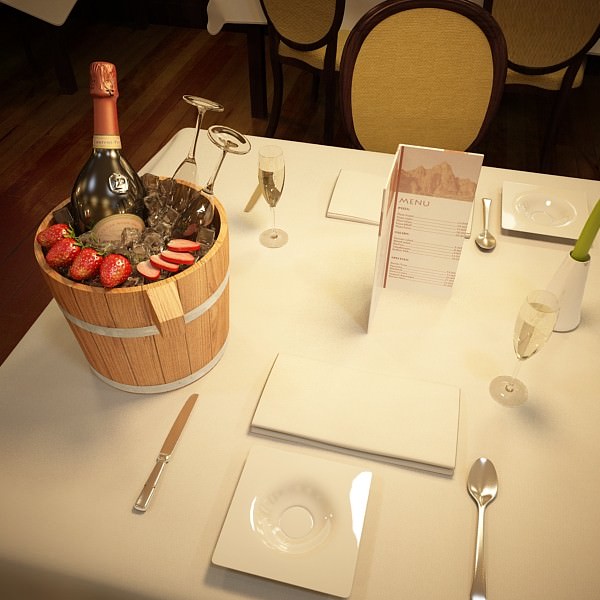Champagne Set 2 - Bottle Flute Strawberry and Wooden Ice Bucket 3D model_6