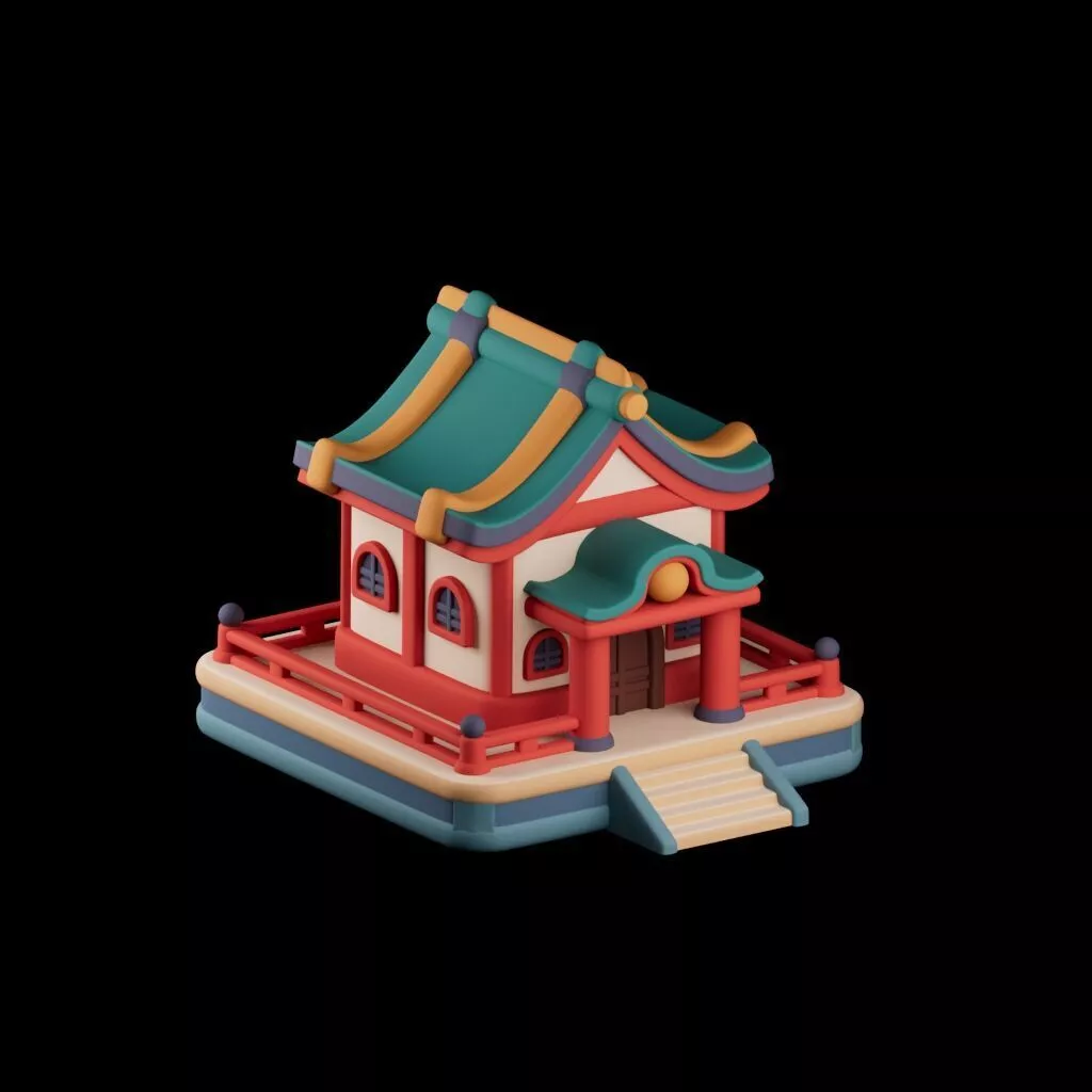Stylized Japanese Temple Cartoon Shrine House Low-poly 3D model