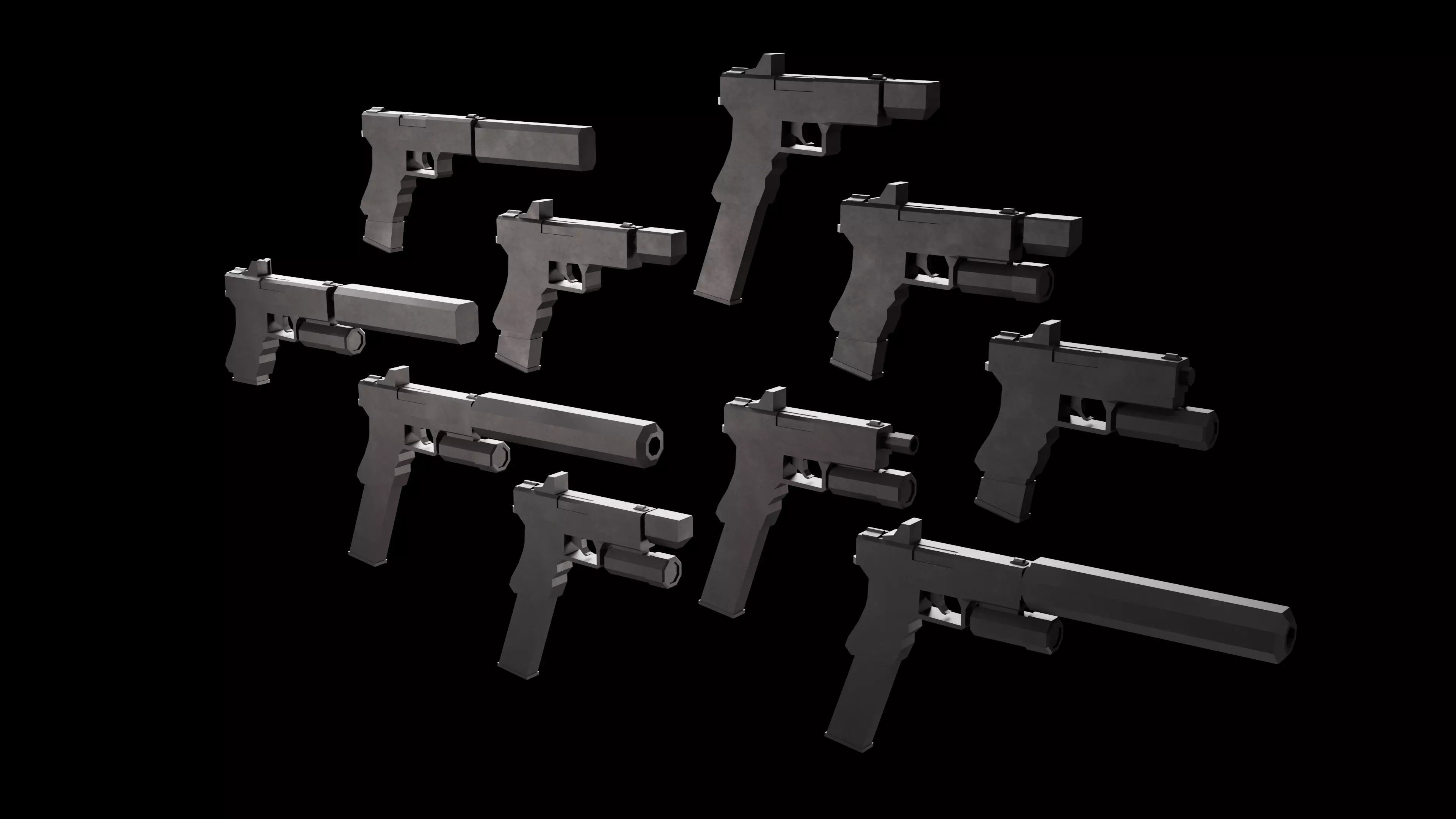 Stylized Low Poly Glock -10 Variations Game Ready Low-poly 3D model